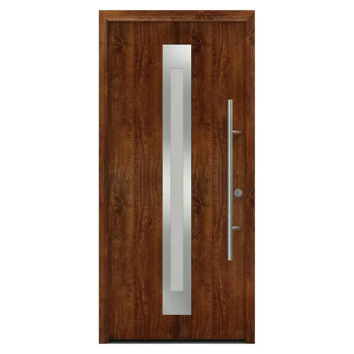 Hörmann EcoStar Haustür ISOPRO Secur IPS 770S - 110 x 210 cm, DIN Anschlag: Rechts, Dark Oak - Braune Holztür mit vertikaler silberner Platte und langem silbernem Griff.