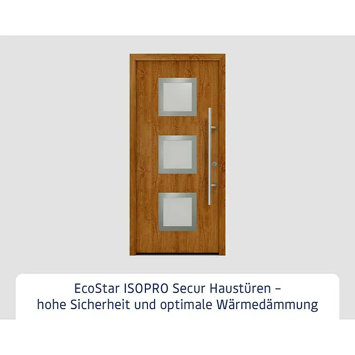 Hörmann EcoStar Haustür ISOPRO Secur IPS 810S - 110 x 210 cm, DIN Anschlag: Rechts, Golden Oak - Abbildung einer EcoStar ISOPRO Secur Haustür mit Holzoptik und drei quadratischen Fenstern.