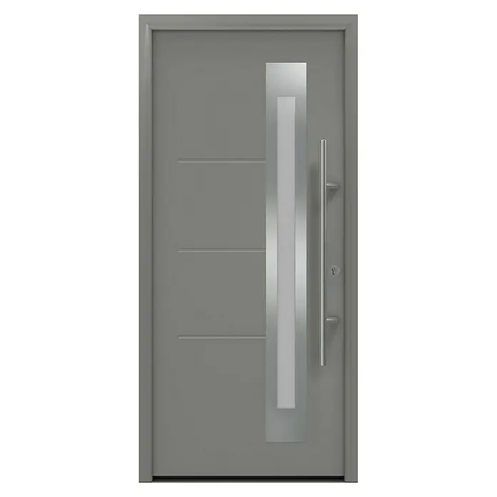 Hörmann EcoStar Haustür ISOPRO Secur IPS 780S - 110 x 210 cm, DIN Anschlag: Rechts, Graualuminium - Moderne graue Haustür mit vertikalem Metalleinsatz und langem Griff, die einen eleganten und zeitgemäßen Eingangsbereich schafft.