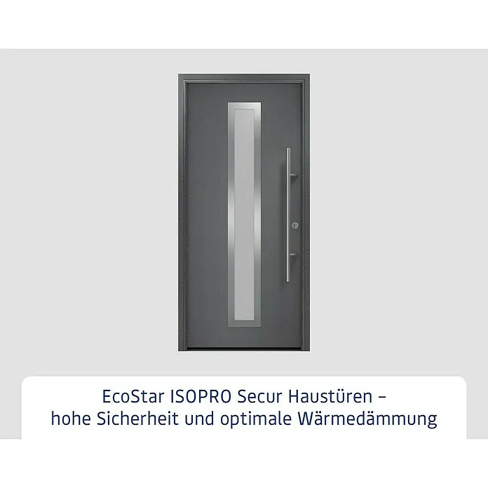 Hörmann EcoStar Haustür ISOPRO Secur IPS 700S - 110 x 210 cm, DIN Anschlag: Rechts, CH 703 Anthrazit Metallic - Graue EcoStar ISOPRO Secur Haustür mit Glaseinsatz und Edelstahlgriff für hohe Sicherheit und optimale Wärmedämmung.