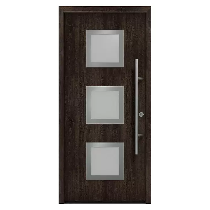 Hörmann EcoStar Haustür ISOPRO Secur IPS 810S - 110 x 210 cm, DIN Anschlag: Rechts, Night Oak - Dunkelbraune Holzeingangstür mit drei Milchglasfenstern und langem silbernem Griff.