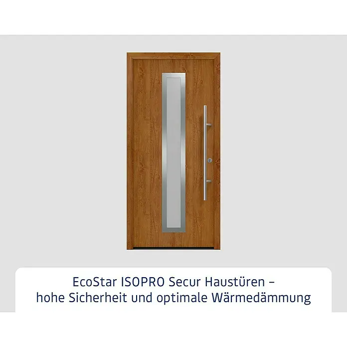 Hörmann EcoStar Haustür ISOPRO Secur IPS 700S - 110 x 210 cm, DIN Anschlag: Rechts, Golden Oak - Bild einer EcoStar ISOPRO Secur Haustür in Holzoptik mit einem länglichen Glaseinsatz und einem modernen Türgriff.