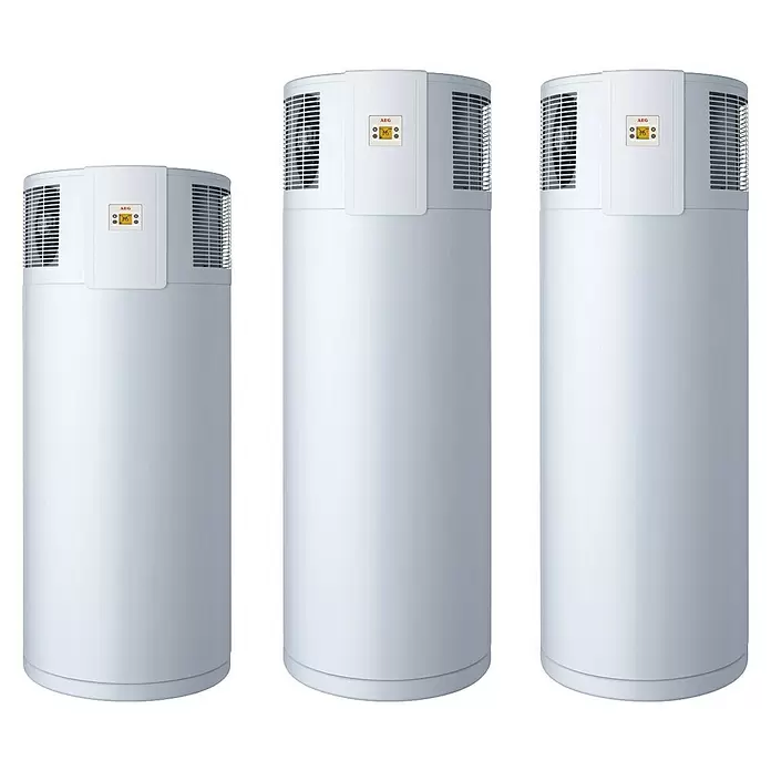 AEG Warmwasser-Wärmepumpe EL - Heizleistung: 1,3 W - 1,6 W, Fassungsvermögen: 220 l - Drei weiße zylindrische AEG Brauchwasser-Wärmepumpen mit oberen Lüftungsschlitzen und Digitalanzeigen.