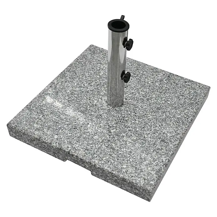 Sunfun Granitschirmständer Korinth - 60 kg, 55 x 55 cm - Bild eines quadratischen Sonnenschirmständers aus Granit mit einem Metalleinsatz zur Befestigung des Schirms.