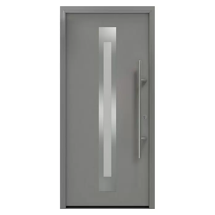 Hörmann EcoStar Haustür ISOPRO Secur IPS 770S - 110 x 210 cm, DIN Anschlag: Rechts, Graualuminium - Moderne graue Eingangstür mit vertikalem Glaseinsatz und gebürstetem Edelstahl-Stangengriff.