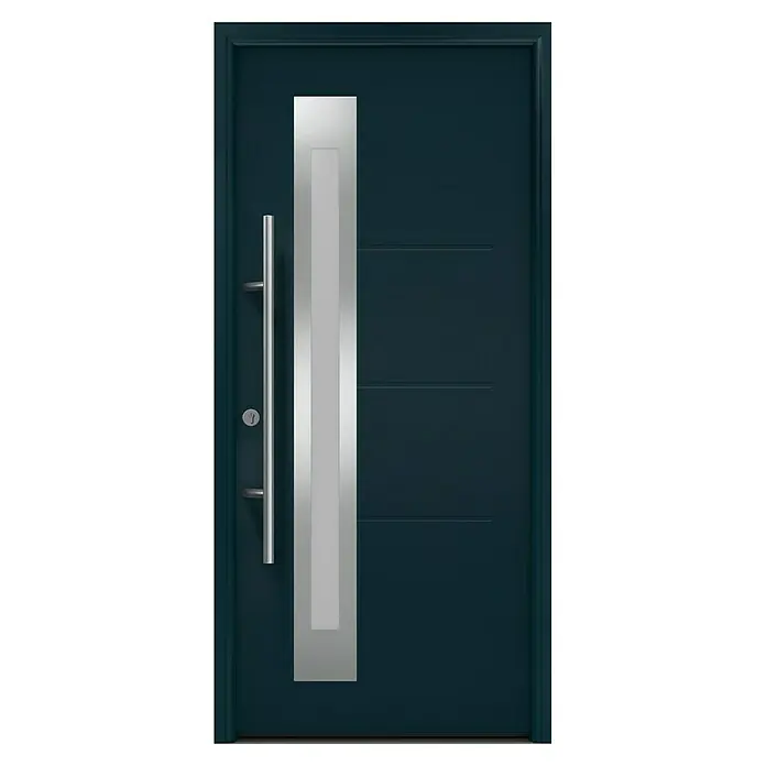 Hörmann EcoStar Haustür ISOPRO Secur IPS 780S - 110 x 210 cm, DIN Anschlag: Links, Anthrazitgrau - Elegante Haustür in Dunkelblau mit einem schmalen, vertikalen Glaseinsatz und einem modernen, langen Türgriff aus Edelstahl.