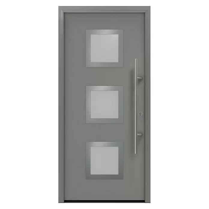 Hörmann EcoStar Haustür ISOPRO Secur IPS 810S - 110 x 210 cm, DIN Anschlag: Rechts, Graualuminium - Moderne graue Tür mit drei quadratischen Milchglasfenstern und einem langen vertikalen silbernen Griff.
