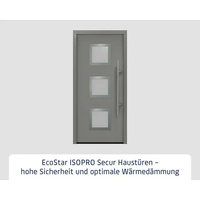 Hörmann EcoStar Haustür ISOPRO Secur IPS 810S - 110 x 210 cm, DIN Anschlag: Rechts, Graualuminium - Graue EcoStar ISOPRO Secur Haustür mit drei quadratischen Fenstern und einem langen, vertikalen Griff für hohe Sicherheit und Wärmedämmung.