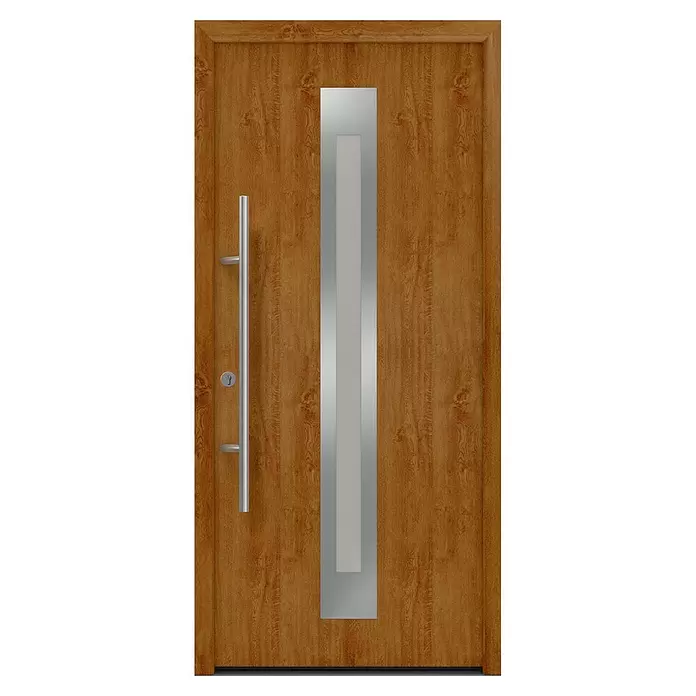 Hörmann EcoStar Haustür ISOPRO Secur IPS 770S - 110 x 210 cm, DIN Anschlag: Links, Golden Oak - Moderne braune Tür in Holzoptik mit langem silbernen Stangengriff und vertikalem Mattglaseinsatz mit Metallrahmen.