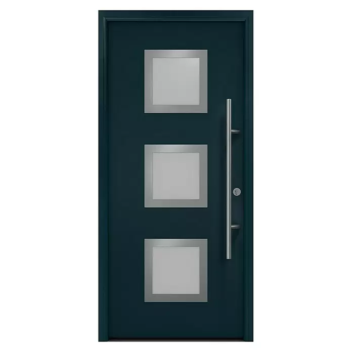 Hörmann EcoStar Haustür ISOPRO Secur IPS 810S - 110 x 210 cm, DIN Anschlag: Rechts, Anthrazitgrau - Moderne dunkelblaue Haustür mit drei satinierten Glaseinsätzen, einem gebürsteten Metallgriff und Schloss.