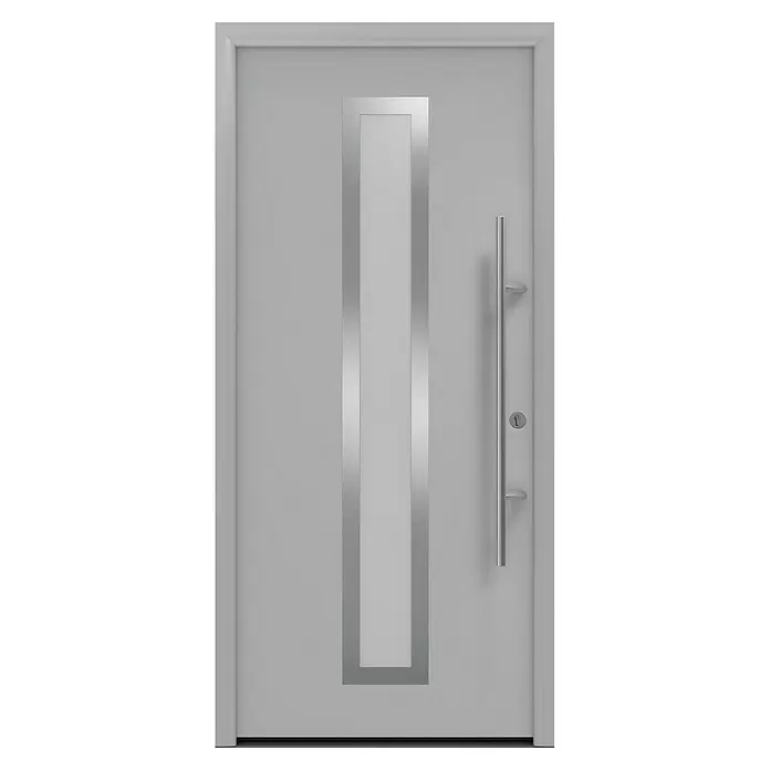 Hörmann EcoStar Haustür ISOPRO Secur IPS 700S - 110 x 210 cm, DIN Anschlag: Rechts, Weißaluminium - Graue Tür mit langem, rechteckigem silbernem Metalleinsatz, langem silbernem Stangengriff und Schlüsselloch.