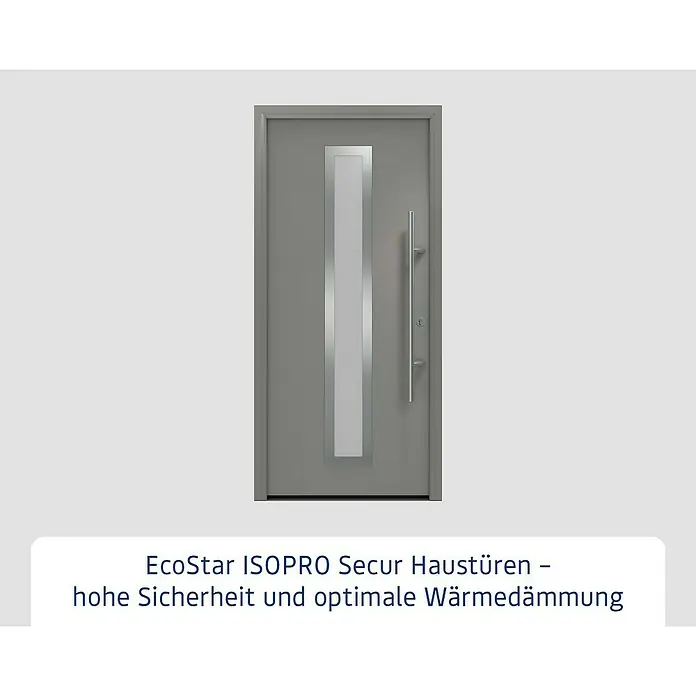 Hörmann EcoStar Haustür ISOPRO Secur IPS 700S - 110 x 210 cm, DIN Anschlag: Rechts, Graualuminium - Graue EcoStar ISOPRO Secur Haustür mit großem, vertikalem Glaseinsatz und langem, senkrechtem Türgriff.