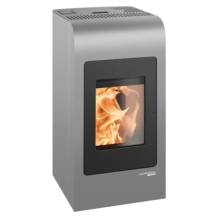 Haas+Sohn Pelletofen HSP 2 Rounded - 2,4 kW - 8,6 kW, Raumheizvermögen: 24 m³ - 180 m³, Grau - Moderner grauer Pelletofen mit sichtbarer Flamme hinter einer Glastür.