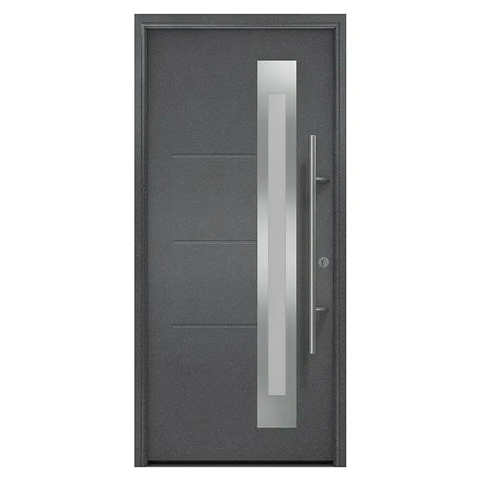 Hörmann EcoStar Haustür ISOPRO Secur IPS 780S - 110 x 210 cm, DIN Anschlag: Rechts, CH 703 Anthrazit Metallic - Graue Haustür mit langem Griff, modernem Design und drei horizontalen Linien, die dem Ganzen einen stilvollen Akzent verleihen.