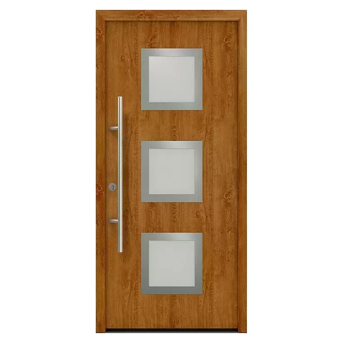 Hörmann EcoStar Haustür ISOPRO Secur IPS 810S - 110 x 210 cm, DIN Anschlag: Links, Golden Oak - Helle Holzhaustür mit drei quadratischen Milchglasfenstern in grauen Rahmen, langem silbernem Stangengriff und Schlüsselloch.