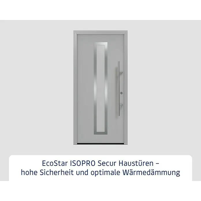 Hörmann EcoStar Haustür ISOPRO Secur IPS 700S - 110 x 210 cm, DIN Anschlag: Rechts, Weißaluminium - Graue EcoStar ISOPRO Secur Haustür mit Glaseinsatz und langem Griff für hohe Sicherheit und optimale Wärmedämmung.