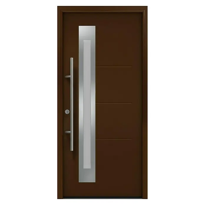 Hörmann EcoStar Haustür ISOPRO Secur IPS 780S - 110 x 210 cm, DIN Anschlag: Links, Terrabraun - Elegante Haustür in Braun mit senkrechtem, silberfarbenem Designelement und Griff. Moderne Tür für stilvolle Hauseingänge.