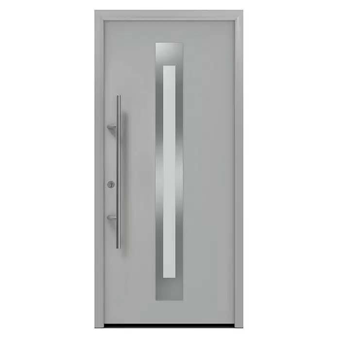 Hörmann EcoStar Haustür ISOPRO Secur IPS 770S - 110 x 210 cm, DIN Anschlag: Links, Weißaluminium - Moderne graue Eingangstür mit langem silbernem Stangengriff und mittigem vertikalen transluzenten Panel.