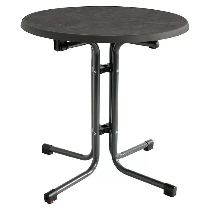 MFG Mesa de balcón redonda Boulevard - Ø x Al: 69,7 x 71 cm, Acero, Abatible, Antracita - Mesa redonda gris oscuro con superficie texturizada y base metálica.