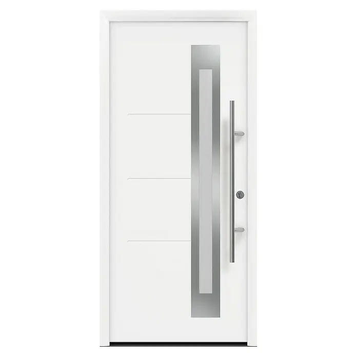 Hörmann EcoStar Haustür ISOPRO Secur IPS 780S - 110 x 210 cm, DIN Anschlag: Rechts, Verkehrsweiß - Moderne, weiße Haustür mit eingelassenem, rechteckigem Edelstahl-Designelement und einem langen, vertikalen Türgriff aus Edelstahl.