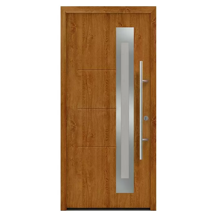 Hörmann EcoStar Haustür ISOPRO Secur IPS 780S - 110 x 210 cm, DIN Anschlag: Rechts, Golden Oak - Moderne hellbraune Holztür mit zwei horizontalen Rillen, einem vertikalen silbernen Akzentfeld und einem langen silbernen Stangengriff.
