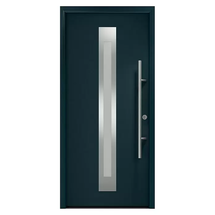 Hörmann EcoStar Haustür ISOPRO Secur IPS 770S - 110 x 210 cm, DIN Anschlag: Rechts, Anthrazitgrau - Moderne dunkelblaue Haustür mit vertikalem silbernem Akzentpaneel und langem Edelstahl-Stangengriff.