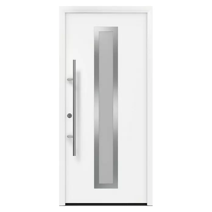 Hörmann EcoStar Haustür ISOPRO Secur IPS 700S - 110 x 210 cm, DIN Anschlag: Links, Verkehrsweiß - Weiße moderne Tür mit langem silbernem Stangengriff und vertikalem silbernem Dekorpaneel mit grauem Einsatz.