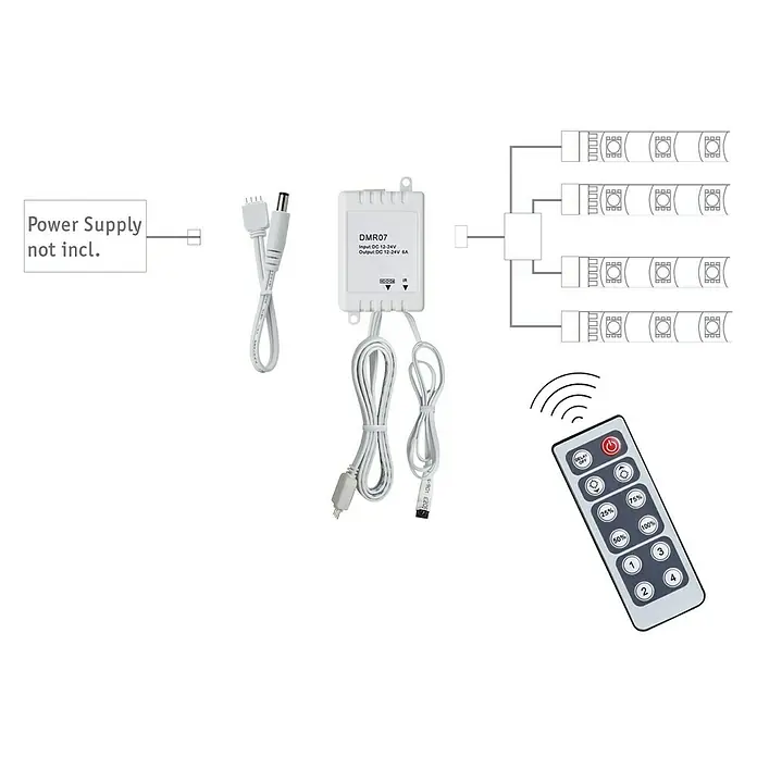 Paulmann Controlador de intensidad y conmutación YourLED - Plástico, Blanco - La imagen muestra un kit de tira de luz LED con controlador, mando a distancia y cableado, pero sin fuente de alimentación.