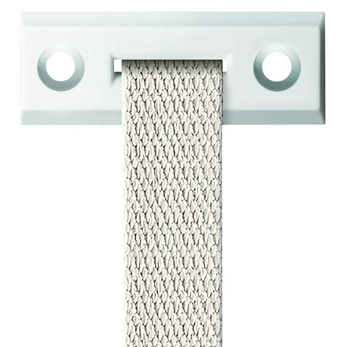 Schellenberg Guía para correa 51202 - L x An x Al: 6,5 x 1,7 x 0,7 cm, Apto para: Sistemas maxi/mini de persianas, Blanco - La imagen muestra una cinta de persiana blanca con un soporte. La cinta está hecha de un tejido y es de color beige claro, mientras que el soporte es de plástico.