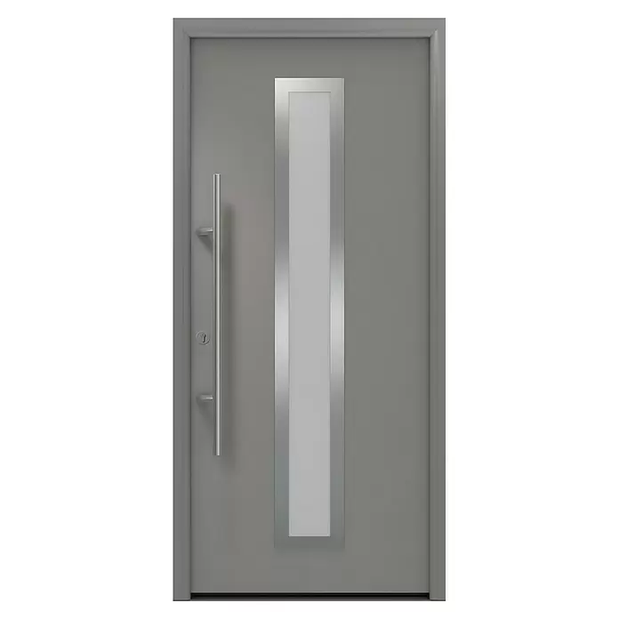 Hörmann EcoStar Haustür ISOPRO Secur IPS 700S - 110 x 210 cm, DIN Anschlag: Links, Graualuminium - Moderne graue Tür mit langem silbernen Stangengriff und zentraler vertikaler Milchglasscheibe mit Silberrahmen.