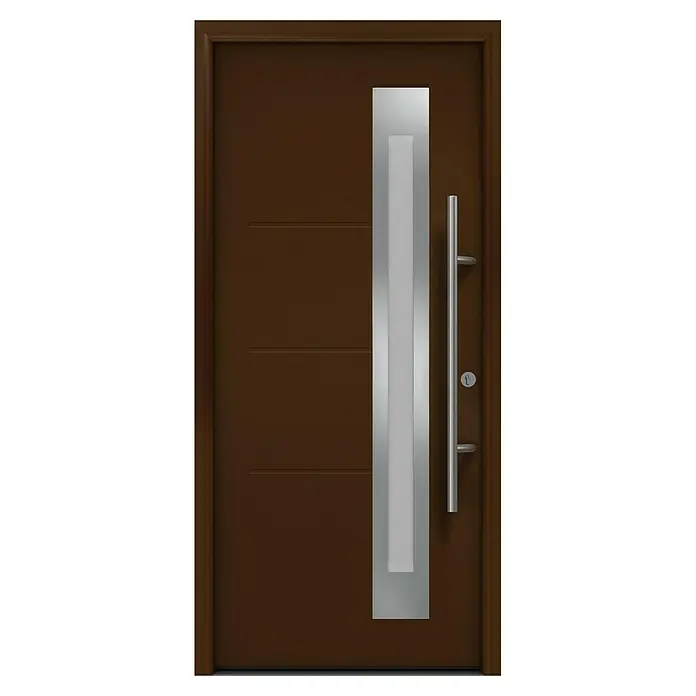 Hörmann EcoStar Haustür ISOPRO Secur IPS 780S - 110 x 210 cm, DIN Anschlag: Rechts, Terrabraun - Moderne Haustür in Braun mit einem vertikalen, silberfarbenen Akzent und einem eleganten Türgriff.