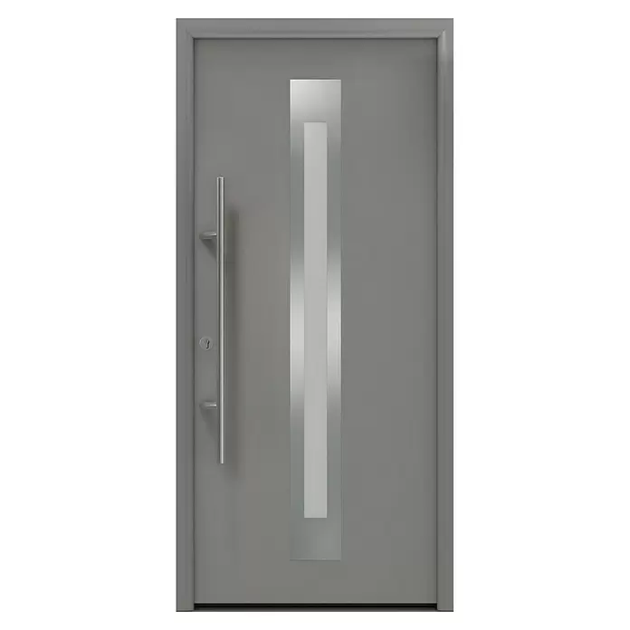 Hörmann EcoStar Haustür ISOPRO Secur IPS 770S - 110 x 210 cm, DIN Anschlag: Links, Graualuminium - Moderne graue Haustür mit langem vertikalen Edelstahlgriff, Schlüsselloch und zentraler Milchglasscheibe.