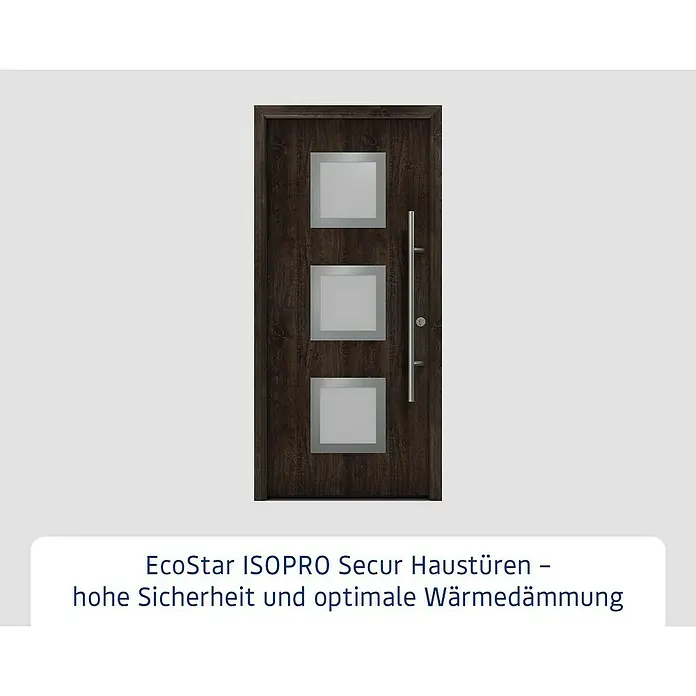 Hörmann EcoStar Haustür ISOPRO Secur IPS 810S - 110 x 210 cm, DIN Anschlag: Rechts, Night Oak - EcoStar ISOPRO Secur Haustür mit drei quadratischen Glaseinsätzen und einem eleganten, langen Türgriff für hohe Sicherheit.