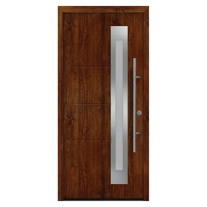 Hörmann EcoStar Haustür ISOPRO Secur IPS 780S - 110 x 210 cm, DIN Anschlag: Rechts, Dark Oak - Moderne Haustür in Holzoptik mit silbernem Griff und Glaselement. Die Tür besticht durch ihr stilvolles Design und ihre hochwertige Verarbeitung.