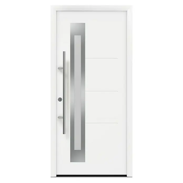 Hörmann EcoStar Haustür ISOPRO Secur IPS 780S - 110 x 210 cm, DIN Anschlag: Links, Verkehrsweiß - Elegante weiße Eingangstür mit vertikalem Edelstahl-Akzent, Griff und minimalistischem Design. Ideal für moderne Häuser.