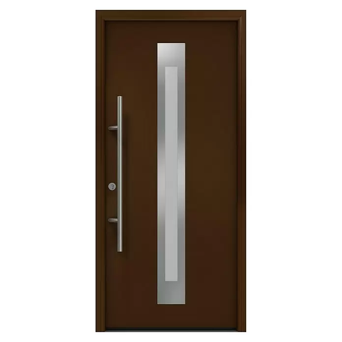 Hörmann EcoStar Haustür ISOPRO Secur IPS 770S - 110 x 210 cm, DIN Anschlag: Links, Terrabraun - Moderne braune Eingangstür mit langem silbernem Stangengriff, Schlüsselloch und vertikalem silbernem Dekorpaneel mit Milchglaseinsatz.
