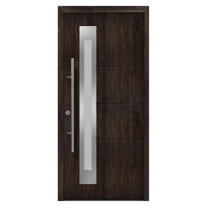 Hörmann EcoStar Haustür ISOPRO Secur IPS 780S - 110 x 210 cm, DIN Anschlag: Links, Night Oak - Moderne Haustür in dunklem Holz mit vertikalem Glaseinsatz und langem Edelstahlgriff, die einladend und stilvoll wirkt.