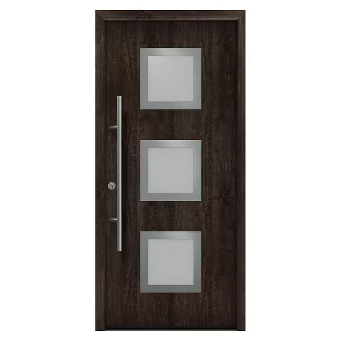 Hörmann EcoStar Haustür ISOPRO Secur IPS 810S - 110 x 210 cm, DIN Anschlag: Links, Night Oak - Dunkelbraune Eingangstür aus Holz mit drei Milchglasscheiben und langem silbernem Griff.