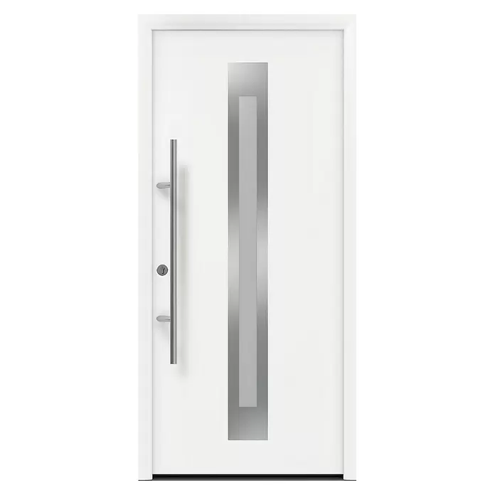 Hörmann EcoStar Haustür ISOPRO Secur IPS 770S - 110 x 210 cm, DIN Anschlag: Links, Verkehrsweiß - Weiße moderne Haustür mit langem vertikalem Silbergriff und passendem silbernen Dekorpaneel.