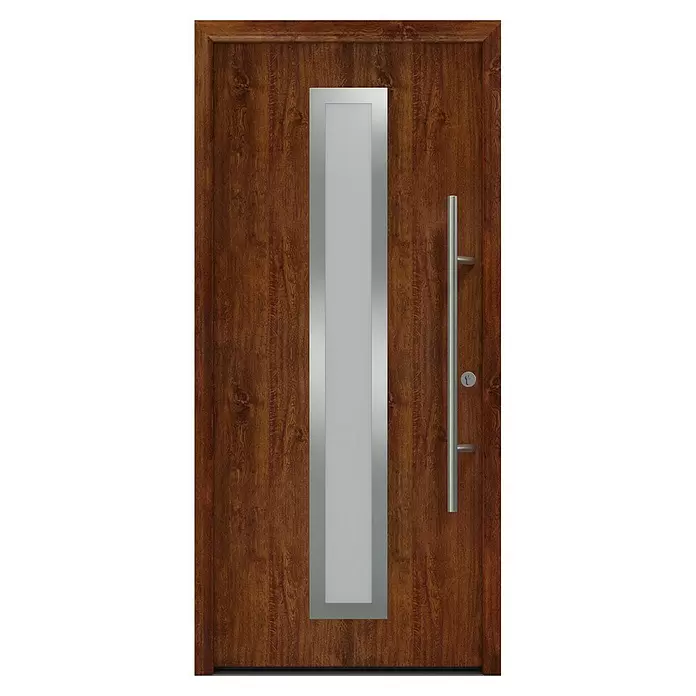 Hörmann EcoStar Haustür ISOPRO Secur IPS 700S - 110 x 210 cm, DIN Anschlag: Rechts, Dark Oak - Braune Holztür mit mittigem vertikalem Silberpaneel und langem silbernen Stangengriff.