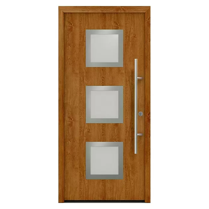 Hörmann EcoStar Haustür ISOPRO Secur IPS 810S - 110 x 210 cm, DIN Anschlag: Rechts, Golden Oak - Eine moderne hellbraune Holztür mit drei quadratischen Milchglasfenstern, einem langen silbernen Stangengriff und einem Schloss.