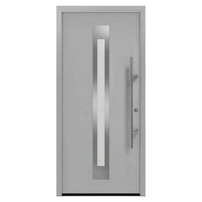 Hörmann EcoStar Haustür ISOPRO Secur IPS 770S - 110 x 210 cm, DIN Anschlag: Rechts, Weißaluminium - Moderne graue Haustür mit vertikalem Glaseinsatz und gebürstetem Edelstahl-Stangengriff.