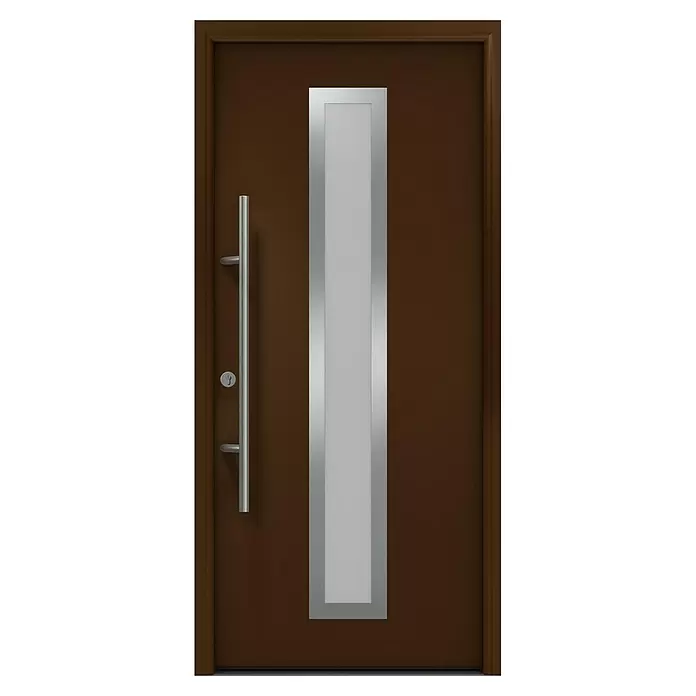 Hörmann EcoStar Haustür ISOPRO Secur IPS 700S - 110 x 210 cm, DIN Anschlag: Links, Terrabraun - Moderne braune Eingangstür mit langem silbernem Stangengriff und vertikaler Milchglasscheibe.