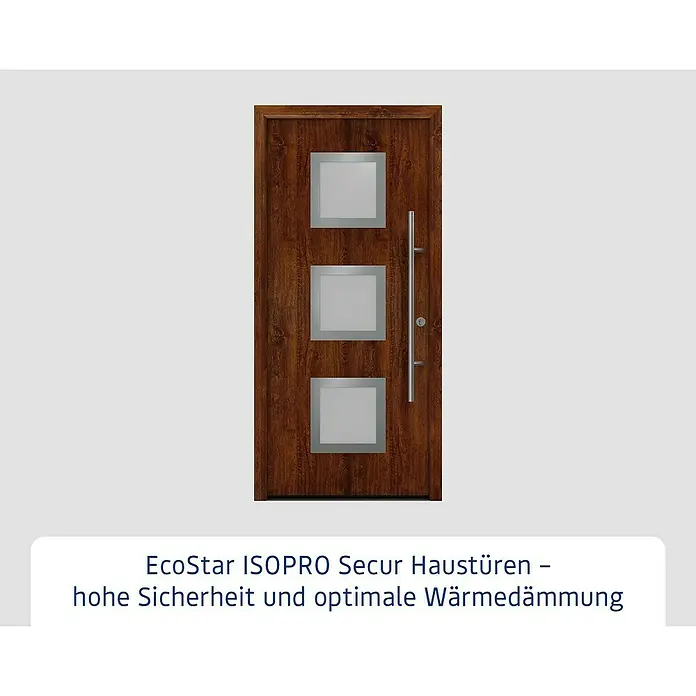 Hörmann EcoStar Haustür ISOPRO Secur IPS 810S - 110 x 210 cm, DIN Anschlag: Rechts, Dark Oak - EcoStar ISOPRO Secur Haustür in Holzoptik mit drei quadratischen Glaseinsätzen und einem schlanken, silberfarbenen Türgriff.