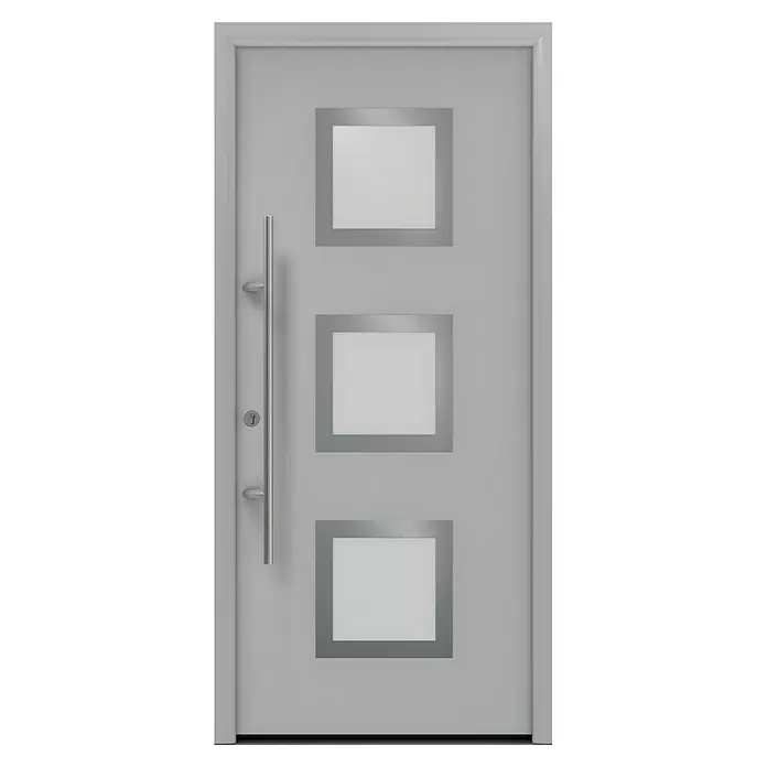 Hörmann EcoStar Haustür ISOPRO Secur IPS 810S - 110 x 210 cm, DIN Anschlag: Links, Weißaluminium - Moderne graue Tür mit drei quadratischen Milchglasfenstern und langem silbernem Stangengriff.