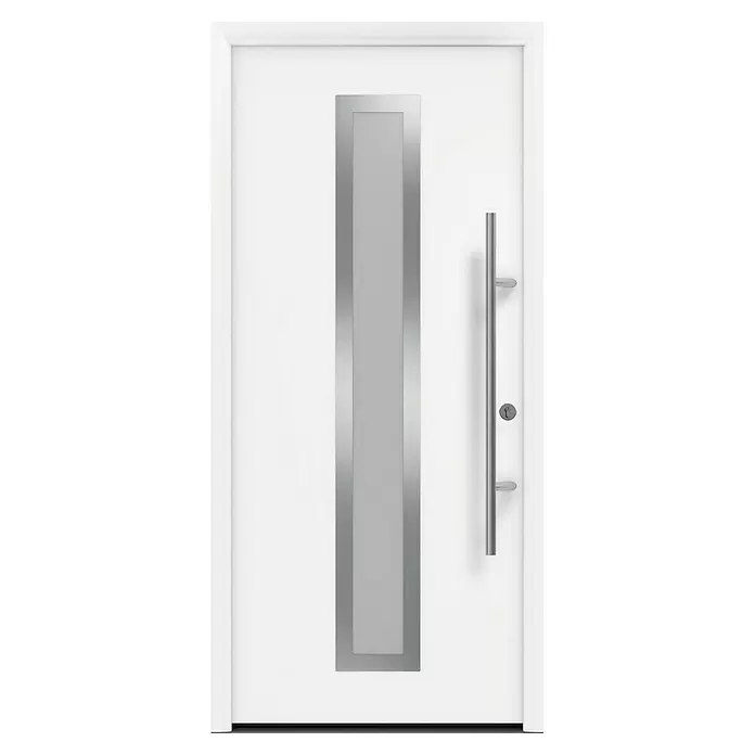 Hörmann EcoStar Haustür ISOPRO Secur IPS 700S - 110 x 210 cm, DIN Anschlag: Rechts, Verkehrsweiß - Moderne weiße Tür mit vertikalem Milchglaseinsatz und langem silbernem Stangengriff.