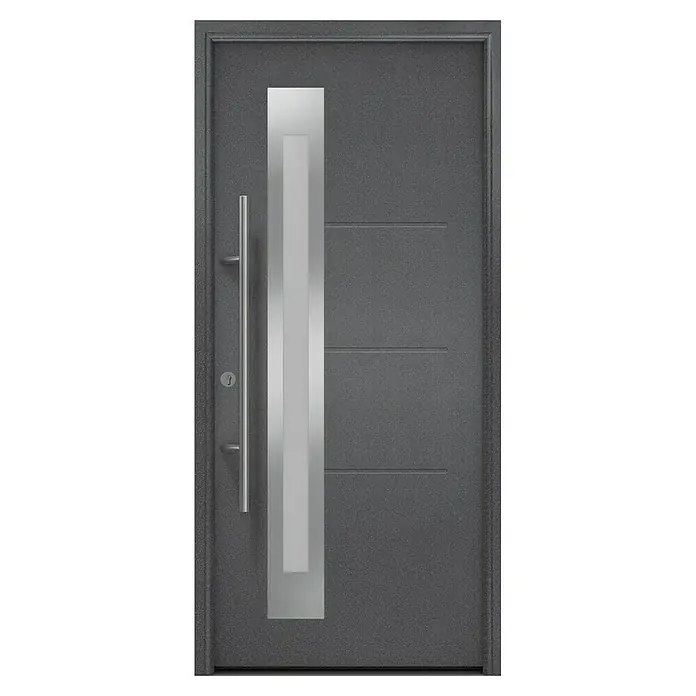 Hörmann EcoStar Haustür ISOPRO Secur IPS 780S - 110 x 210 cm, DIN Anschlag: Links, CH 703 Anthrazit Metallic - Eine moderne Haustür in Anthrazit mit einem vertikalen, silbernen Designelement und einem langen Türgriff. Die Tür wirkt robust und einladend.