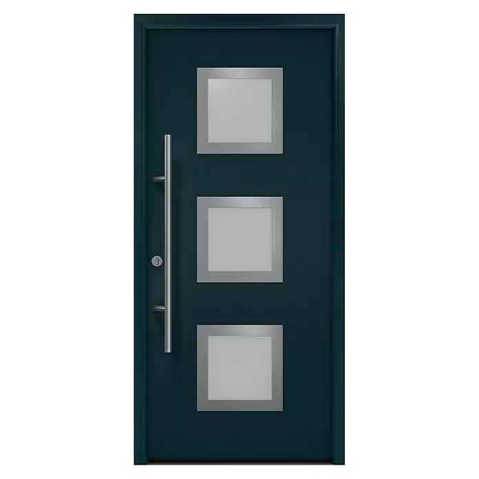 Hörmann EcoStar Haustür ISOPRO Secur IPS 810S - 110 x 210 cm, DIN Anschlag: Links, Anthrazitgrau - Dunkelblau-grüne Tür mit drei satinierten Glaspaneelen, langem gebürstetem Metallgriff und Schlüsselloch.
