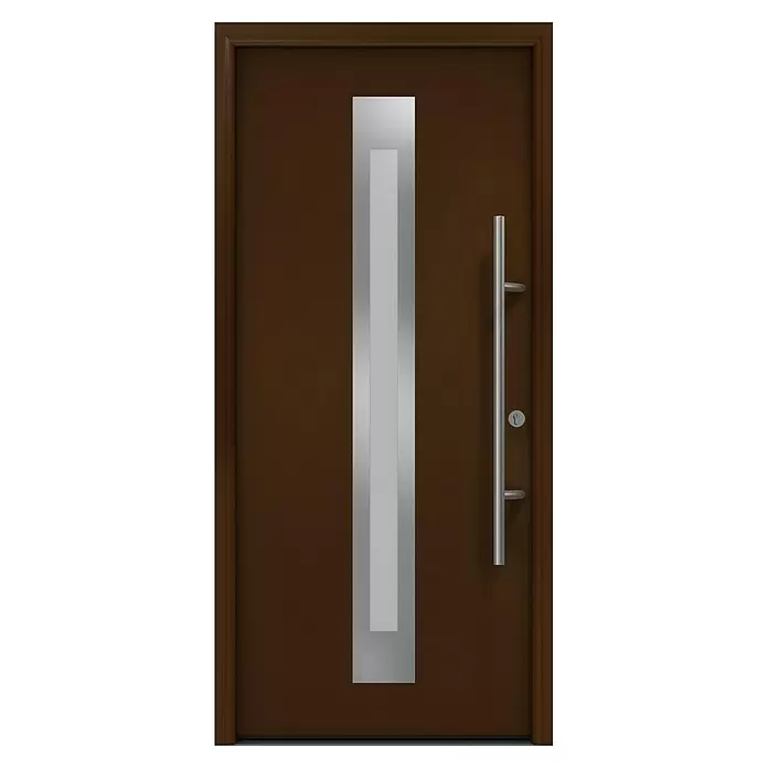 Hörmann EcoStar Haustür ISOPRO Secur IPS 770S - 110 x 210 cm, DIN Anschlag: Rechts, Terrabraun - Braune Haustür mit vertikaler silberner Akzentplatte und langem silbernem Stangengriff.