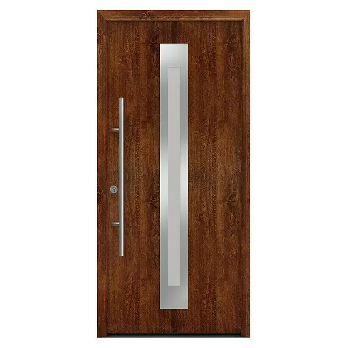 Hörmann EcoStar Haustür ISOPRO Secur IPS 770S - 110 x 210 cm, DIN Anschlag: Links, Dark Oak - Moderne braune Haustür in Holzoptik mit langem silbernem Stangengriff und vertikaler Mattglasscheibe.